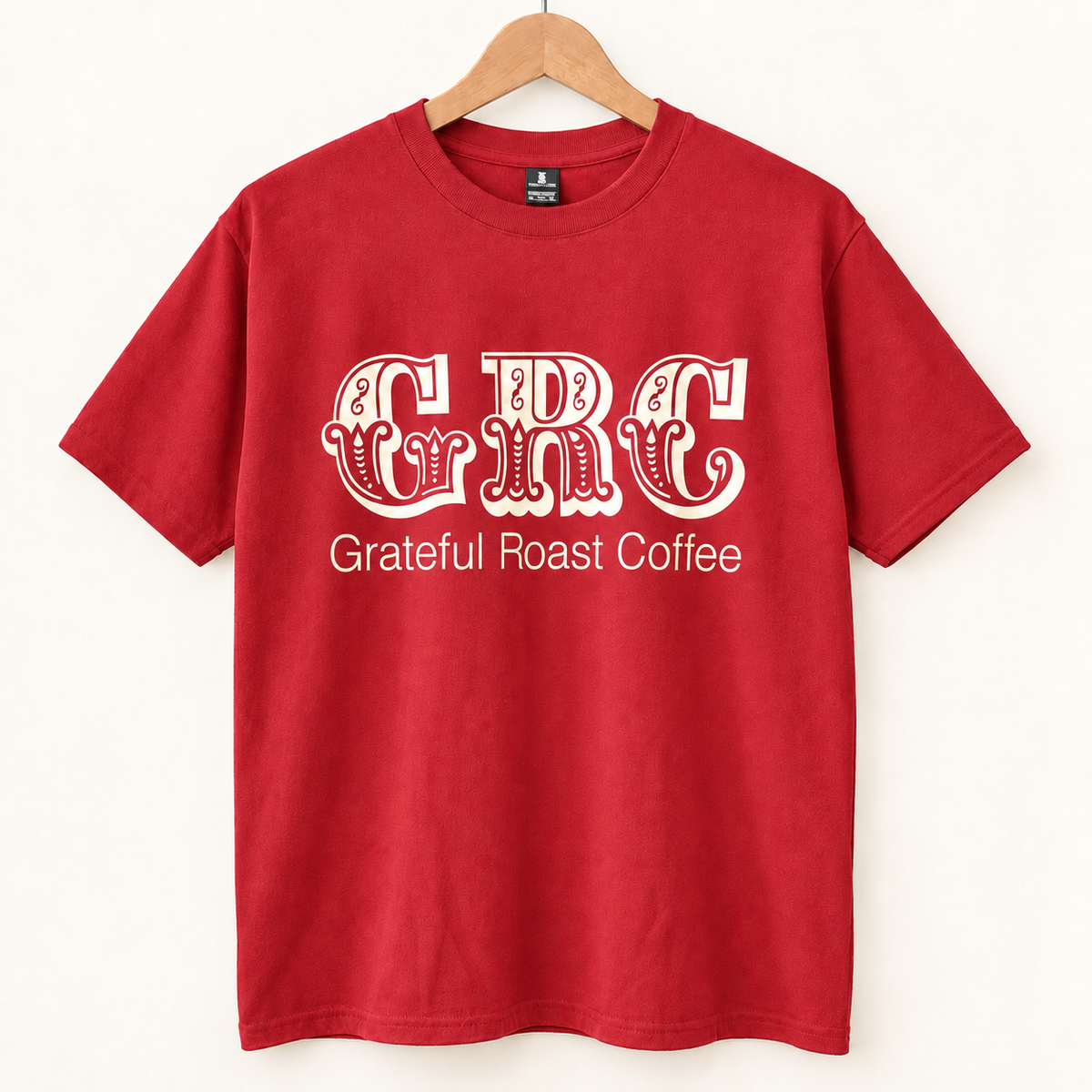 Red classic GRC tee, large front logo mockup