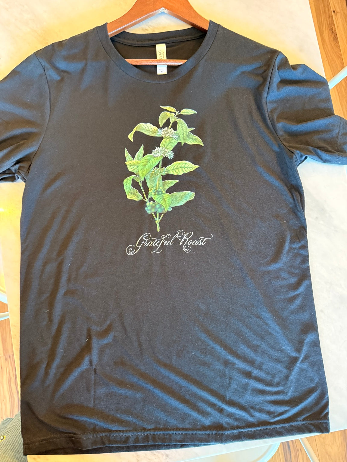 Actual black Grateful Roast Coffee Plant Tee, full front