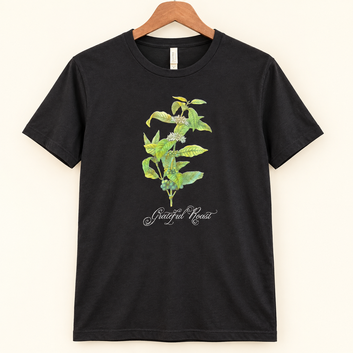 Black Grateful Roast Coffee Plant Tee, front mockup