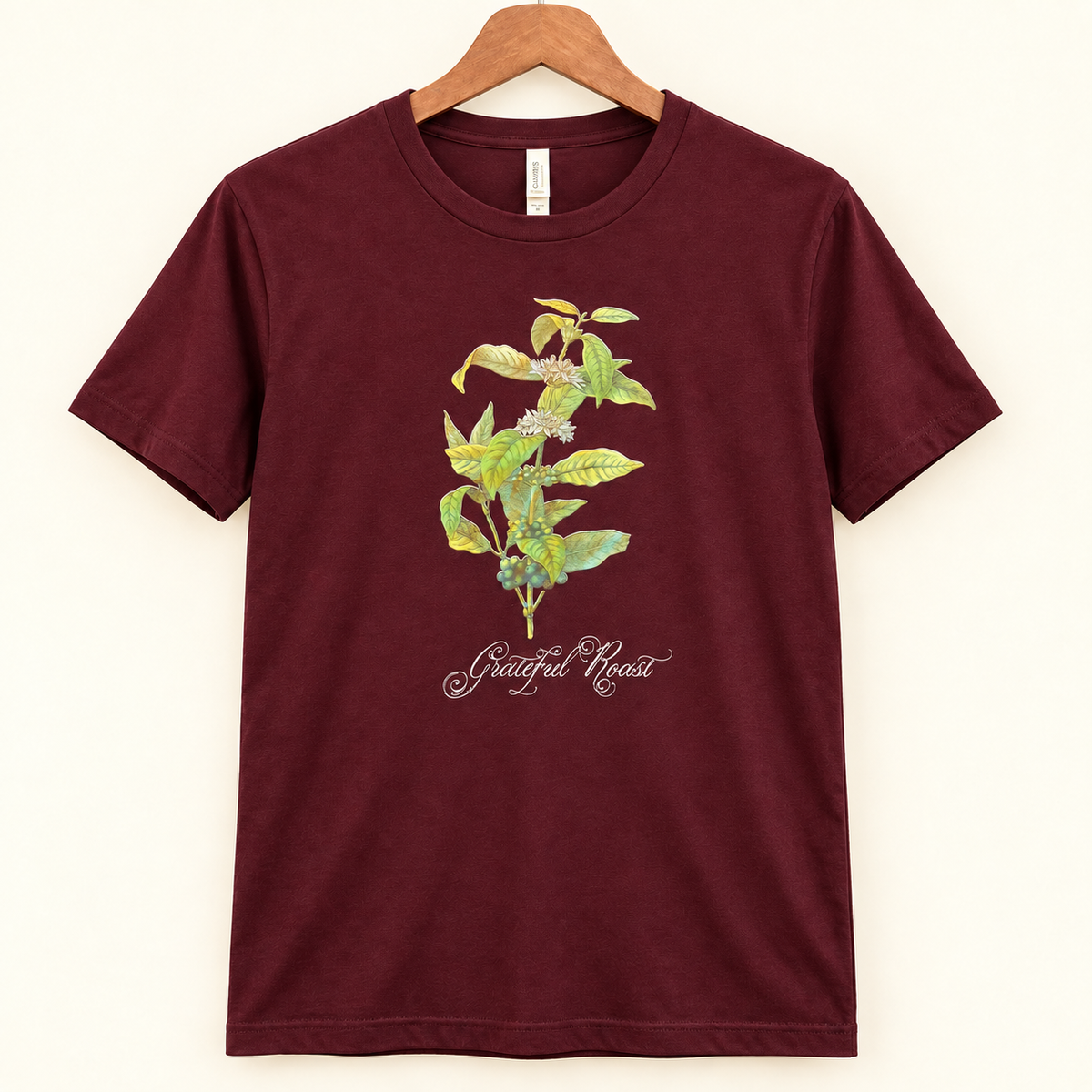 Maroon Grateful Roast Coffee Plant Tee, front mockup