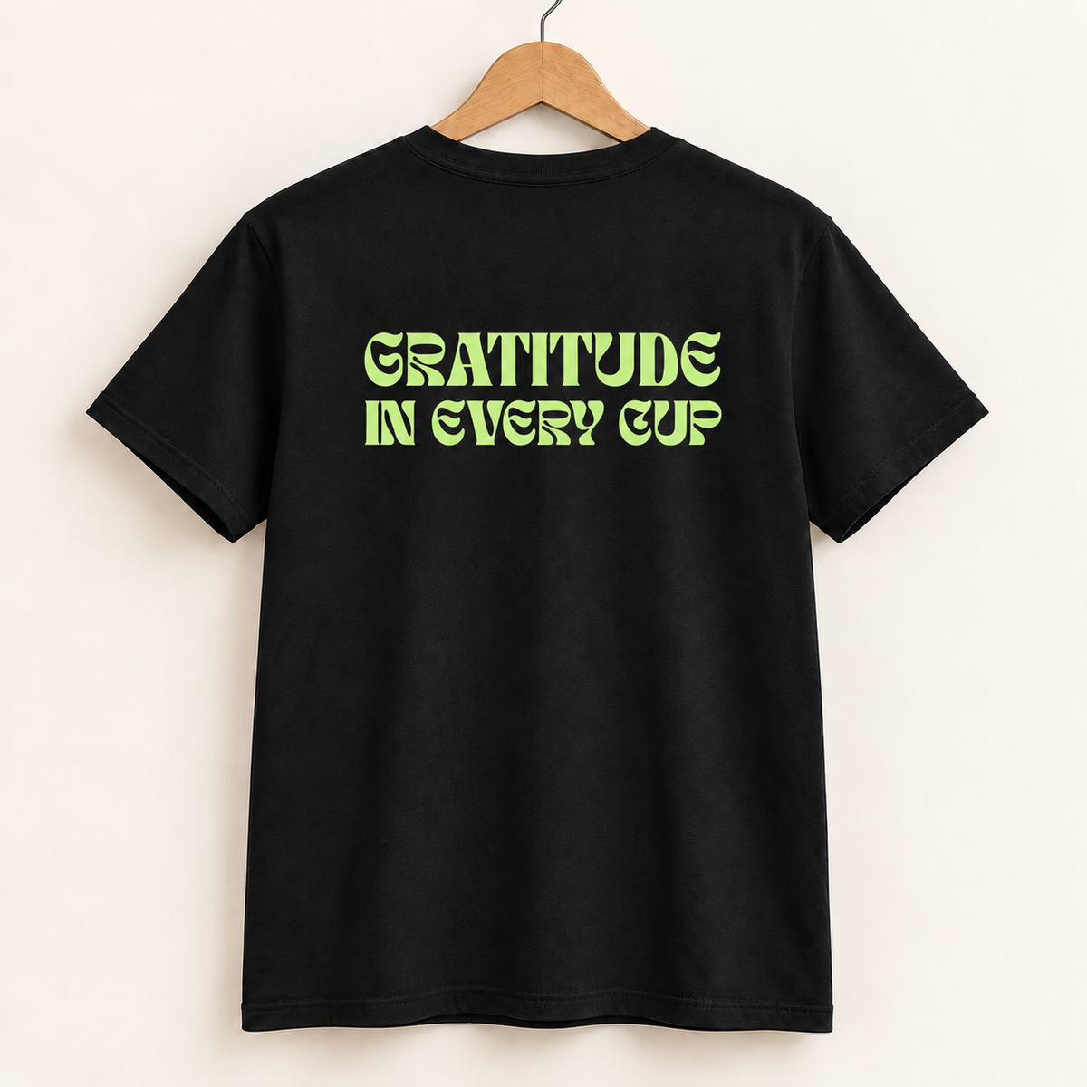Black Gratitude in Every Cup tee, smaller back print digital mockup