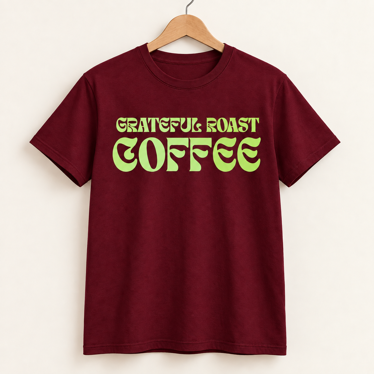 Maroon Gratitude in Every Cup tee, front digital mockup