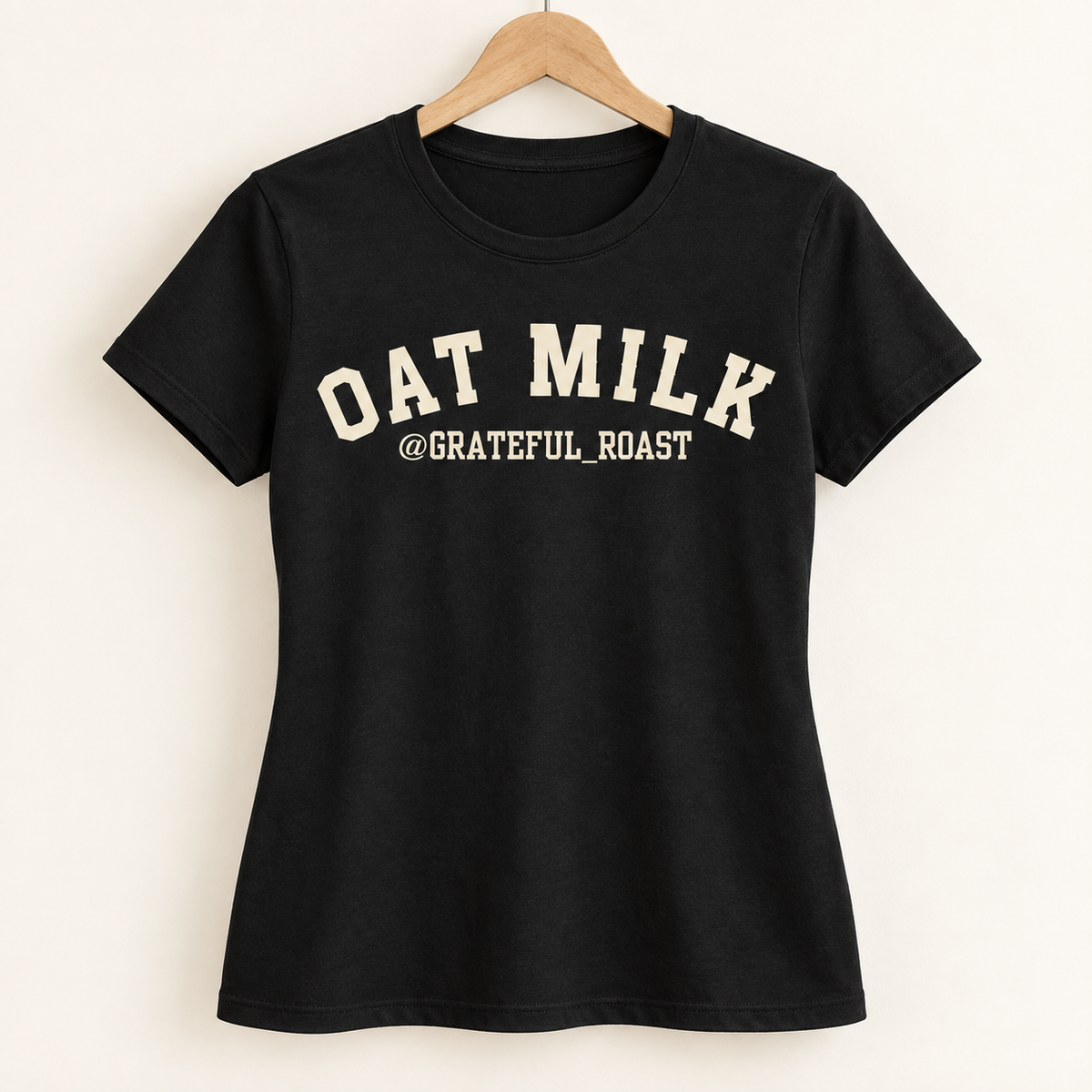 Black Oat Milk women's tee, digital front mockup