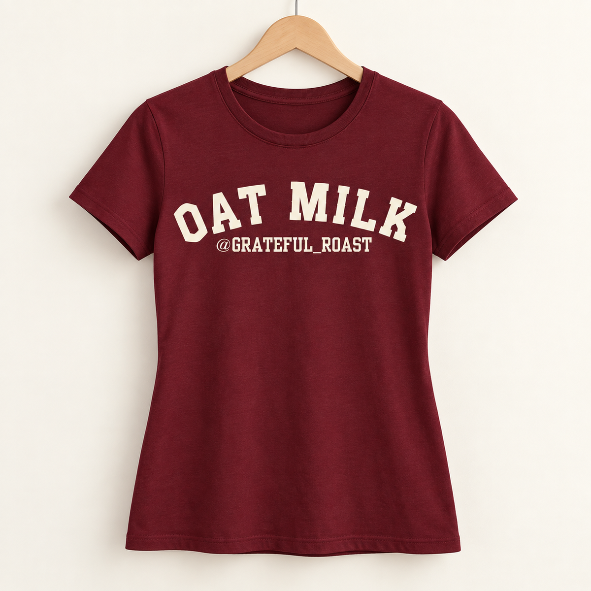 Maroon Oat Milk women's tee, digital front mockup