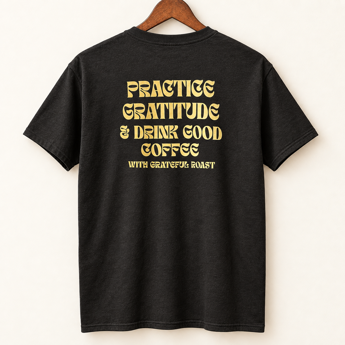Black Practice Gratitude tee, back message mockup