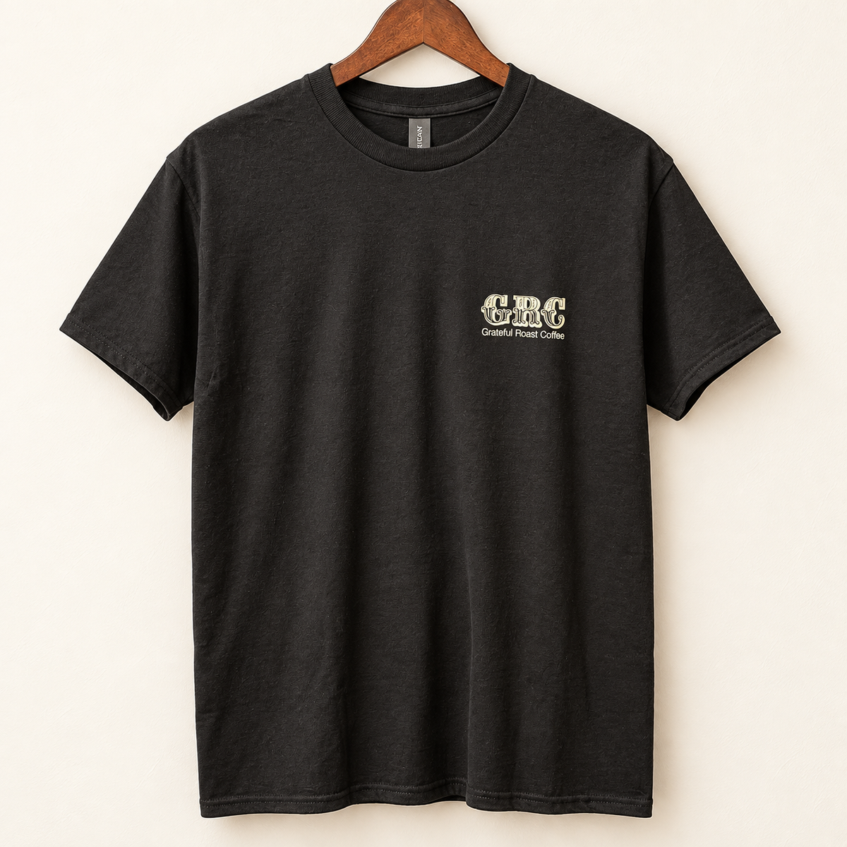 Black Practice Gratitude tee, small GRC front chest print mockup
