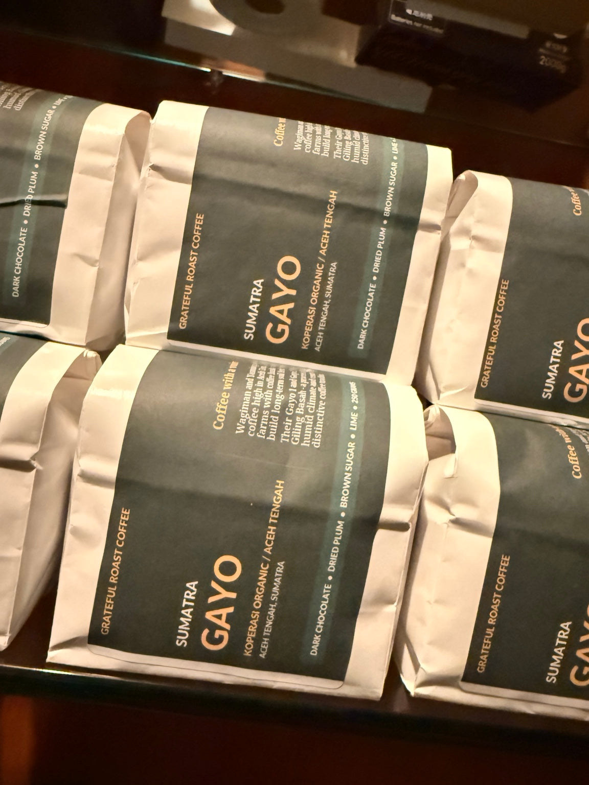 Grateful Roast Coffee Sumatra Gayo bags on shelf