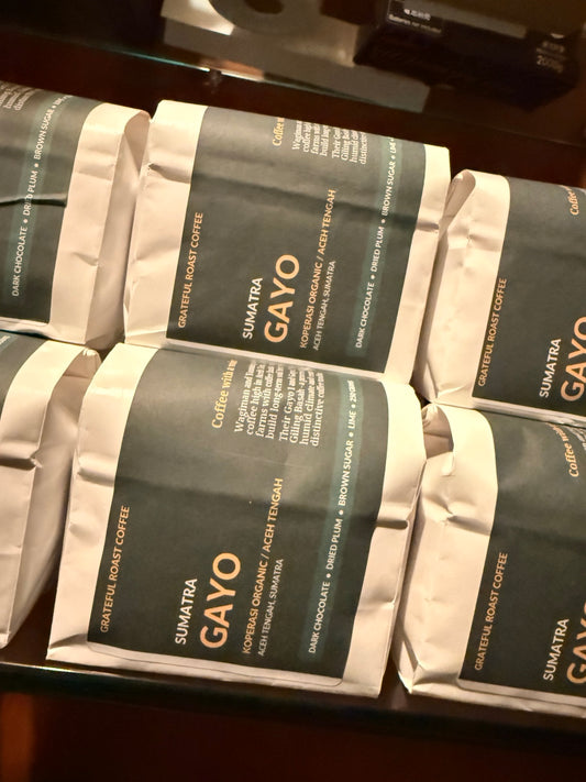 Grateful Roast Coffee Sumatra Gayo bags on shelf